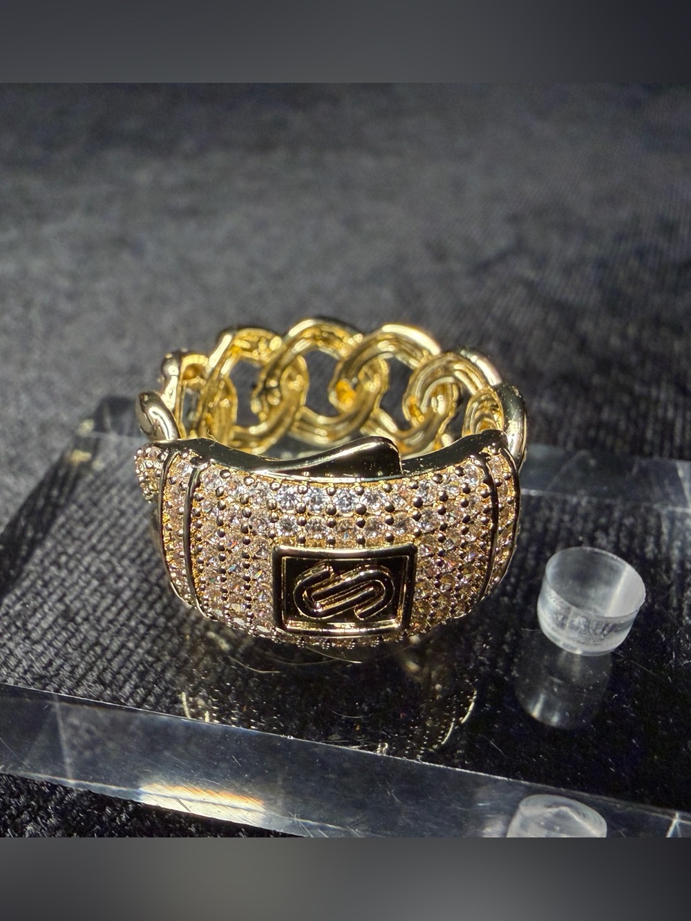 Iced Out Chain Link Gold Tone Ring size 9.5 Brand New Make a Statement!
